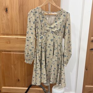 MOUSSY Floral Print Taupe Puff Long Sleeve Fit & Flare Empire Waist Dress S